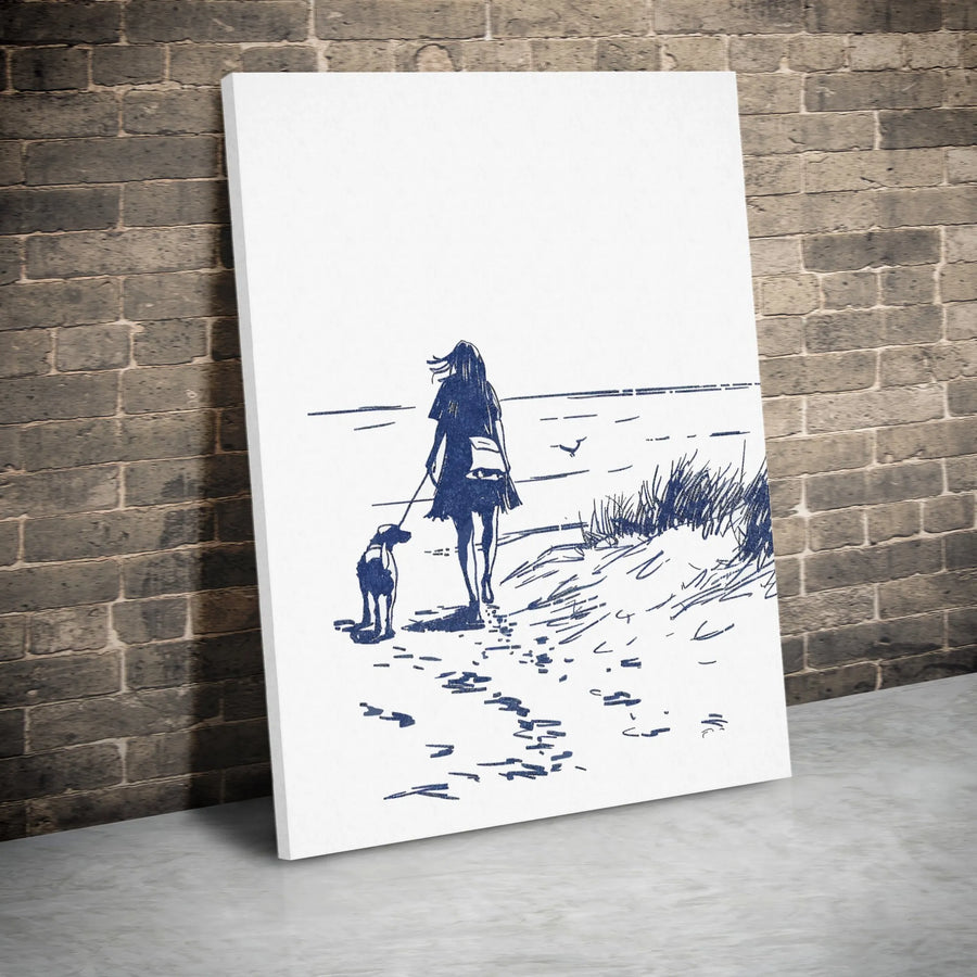 Woman Walking Dog on Beach Canvas Art | Minimalist Blue Sketch Print | 1.25-Inch Premium Gallery Profile | Coastal Home Decor Wall Art