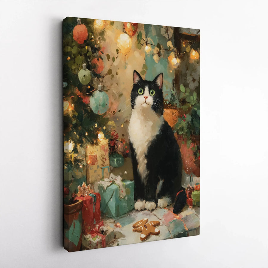 Tuxedo Cat Christmas Canvas Art | Festive Holiday Tree Oil Painting | Gallery Quality 1.25” Thick Print | Cozy Winter Home Decor Gift