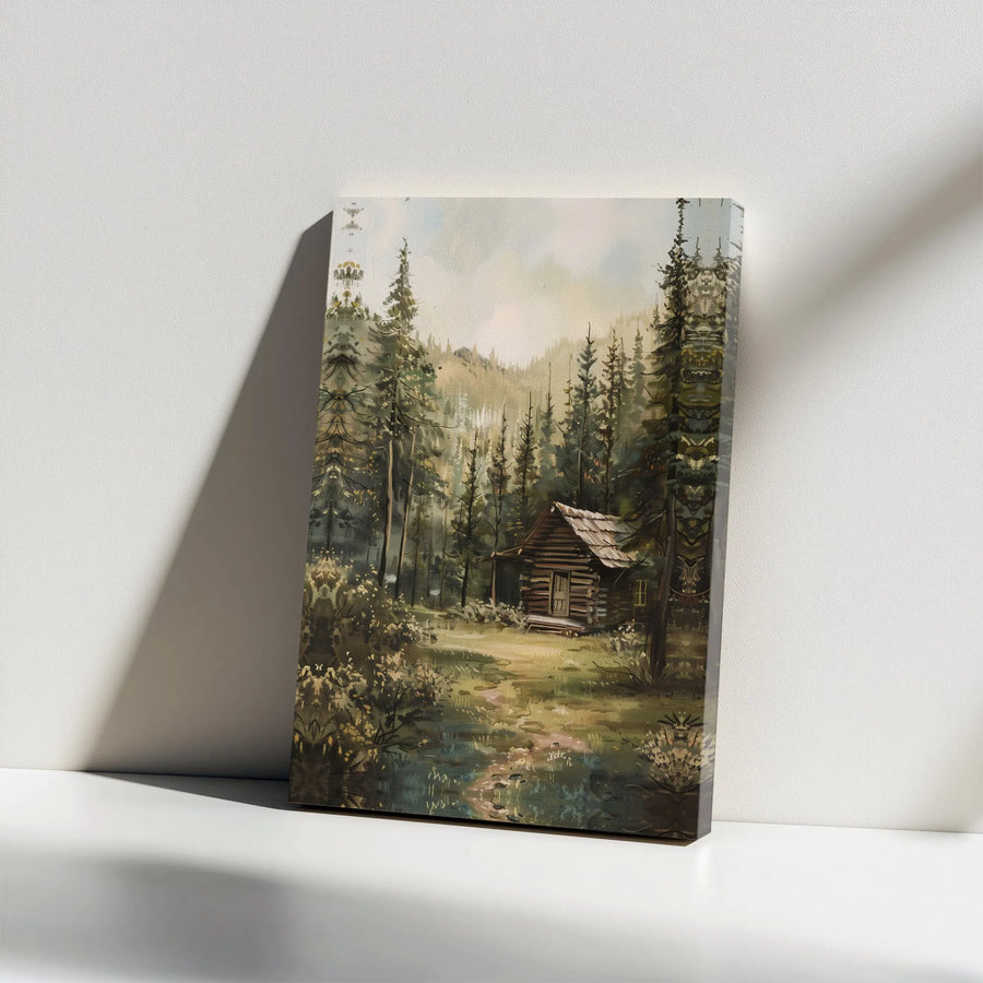 Log Cabin Wall Art | Rustic Pine Forest Painting | Premium Gallery Wrap Canvas | Cozy Cabin Decor for Living Room Gift