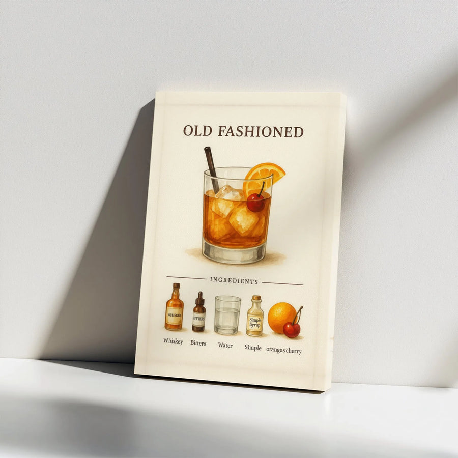 Old Fashioned Cocktail Recipe Canvas | Vintage Whiskey Bar Wall Art | Premium Gallery Canvas | Man Cave Decor Gift for Whiskey Lover