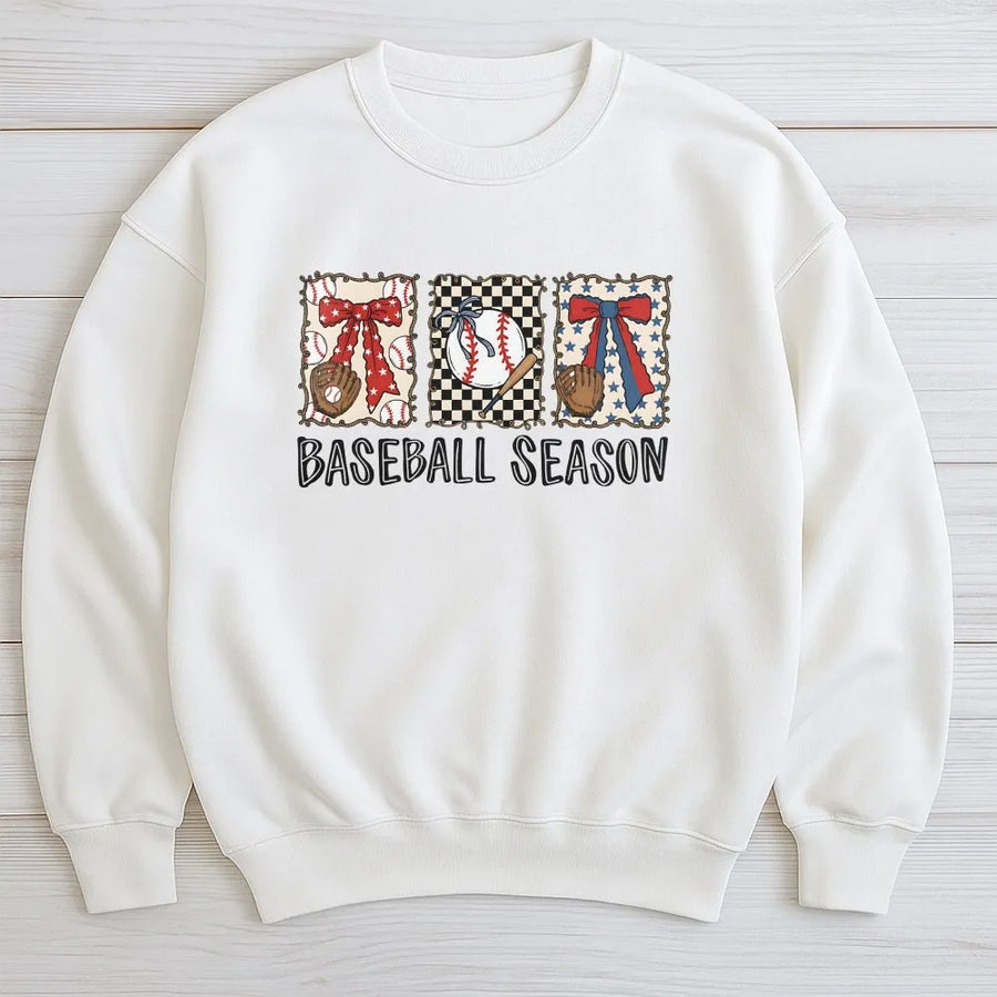 Baseball Season Sweatshirt | Retro Patriotic Bow Graphic Pullover | Soft Cotton Blend | Game Day Apparel Gift for Softball Mom