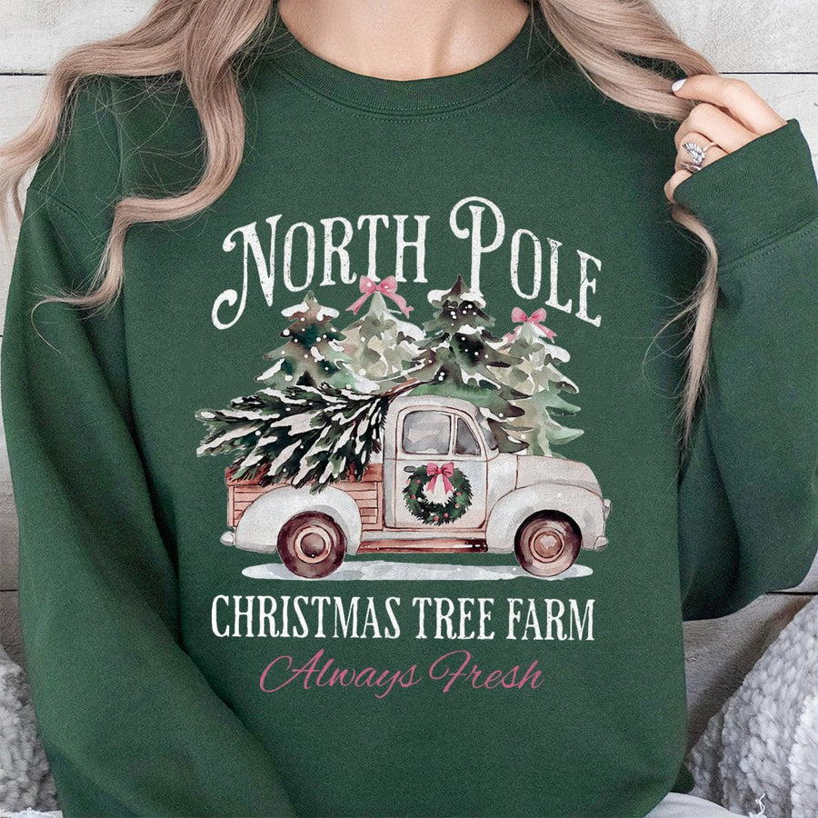 North Pole Christmas Tree Farm Sweatshirt | Rustic Vintage Truck Holiday Graphic | Premium Cotton Blend | Unisex Cozy Winter Gift