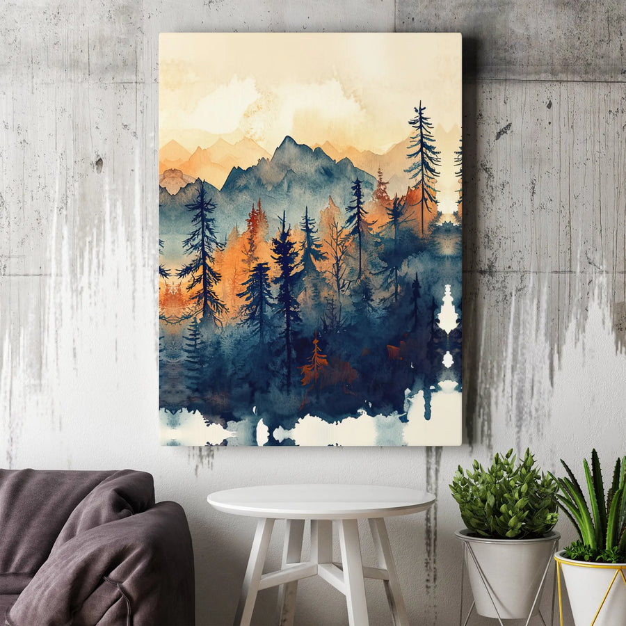 Mountain Pine Forest Canvas | Watercolor Landscape Wall Art | Premium Gallery Wrap Decor | Modern Nature Gift for Home or Office