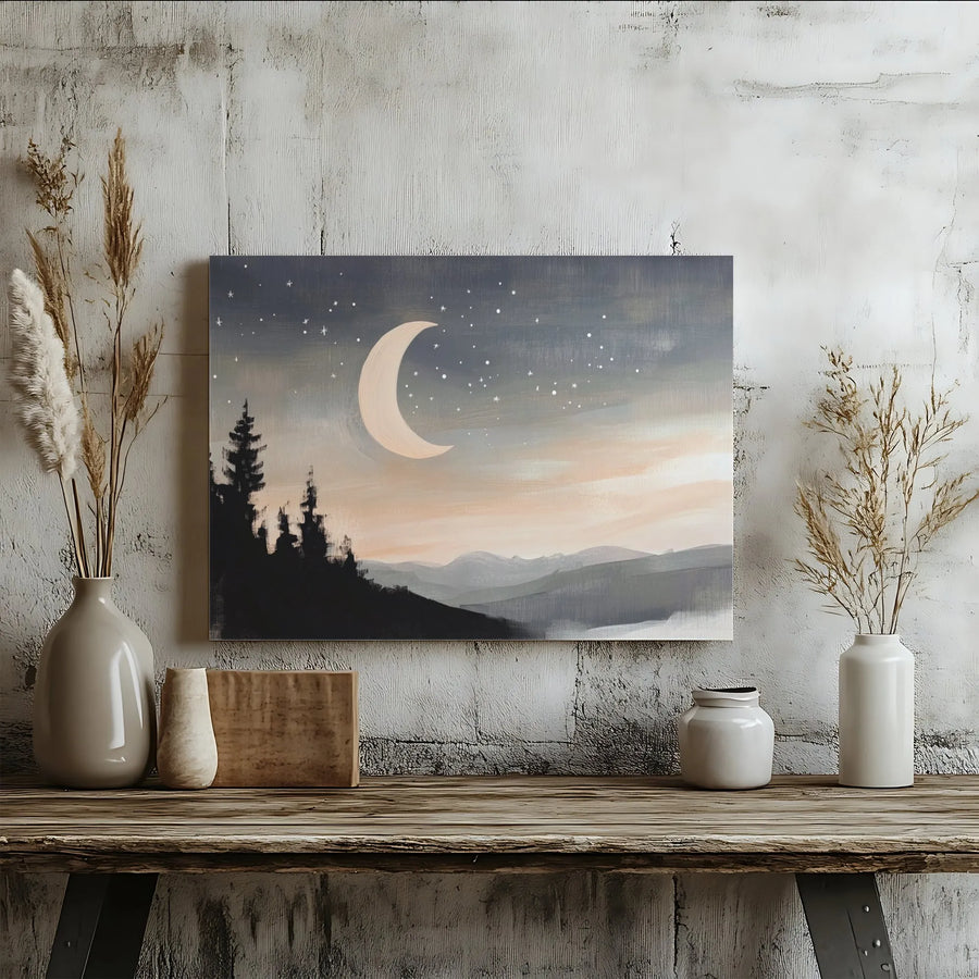 Crescent Moon Wall Art | Minimalist Mountain Forest Landscape | Premium Gallery Wrapped Canvas | Serene Nature Home Decor Gift