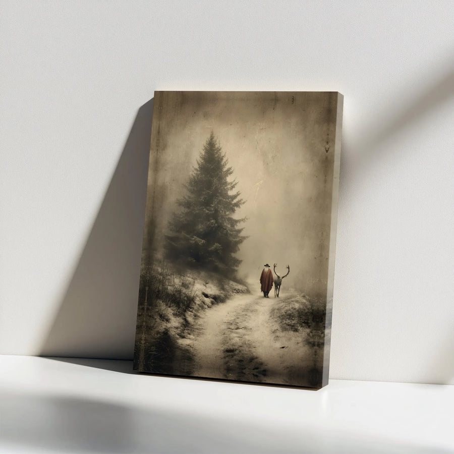 Winter Forest Canvas Art | Enchanted Wanderer with Stag Silhouette | Premium Gallery Wrapped Print | Moody Rustic Holiday Home Decor