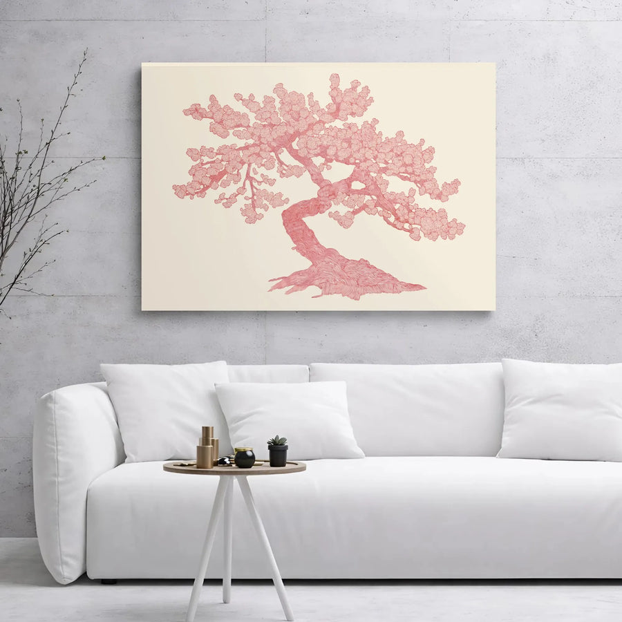 Bonsai Tree Canvas Wall Art | Red Line Drawing Japanese Minimalist Decor | Premium 1.25" Gallery Wrap | Zen Interior Gift for Home Office