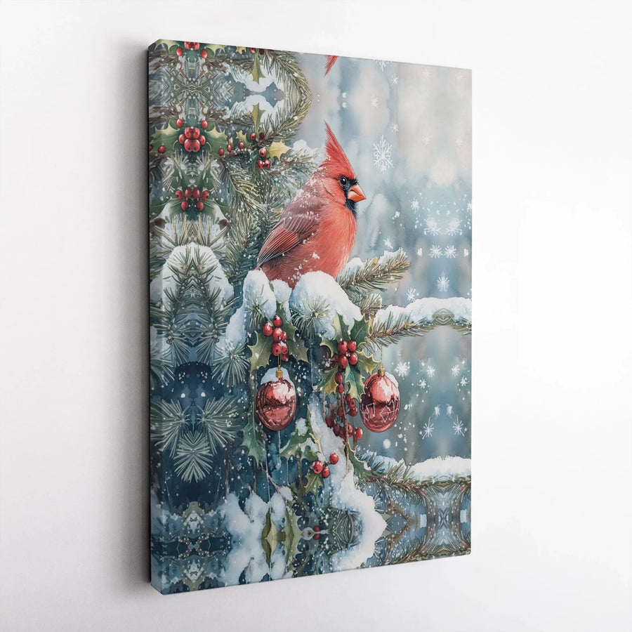 Red Cardinal Canvas Print | Snowy Christmas Branch Wall Art | 1.25-Inch Premium Gallery Profile | Festive Winter Holiday Home Decor Gift