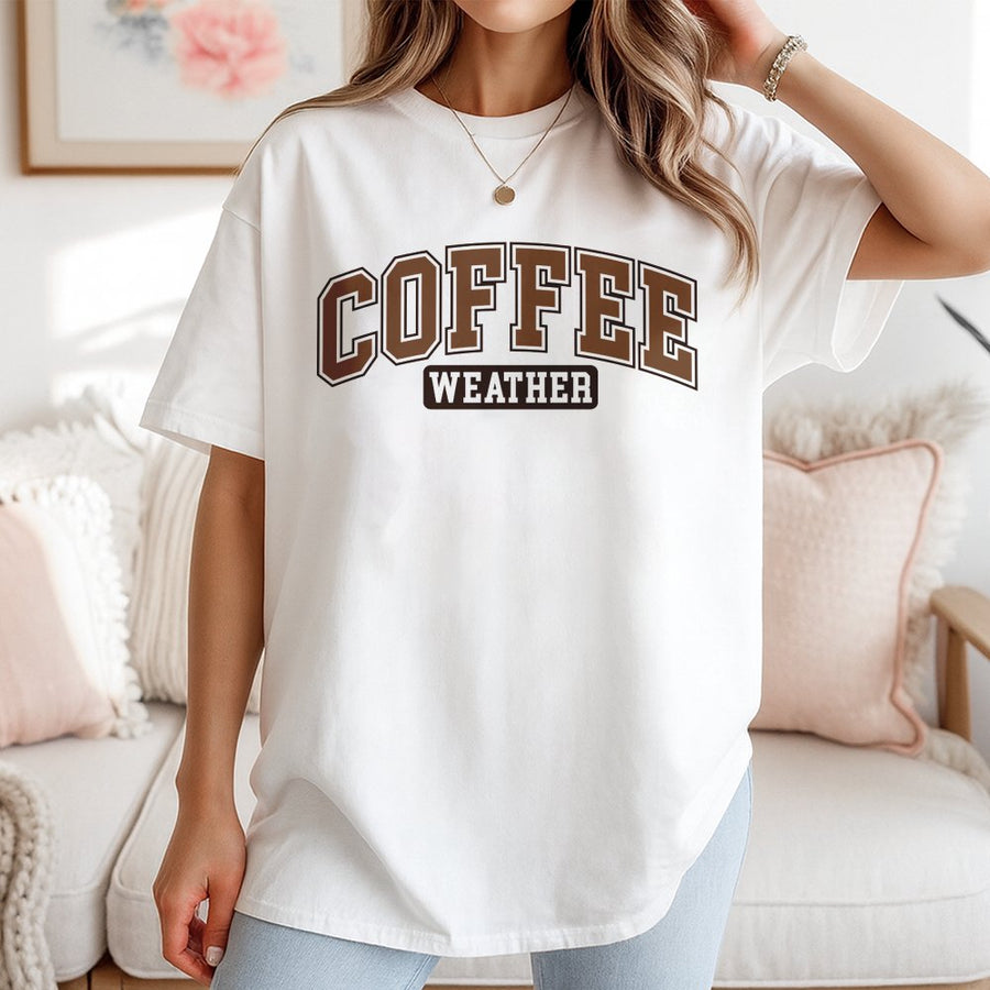 Coffee Weather T-Shirt | Varsity Lettering Graphic Tee | Premium 100% Cotton | Cozy Caffeine Lover Gift for Coffee Addicts