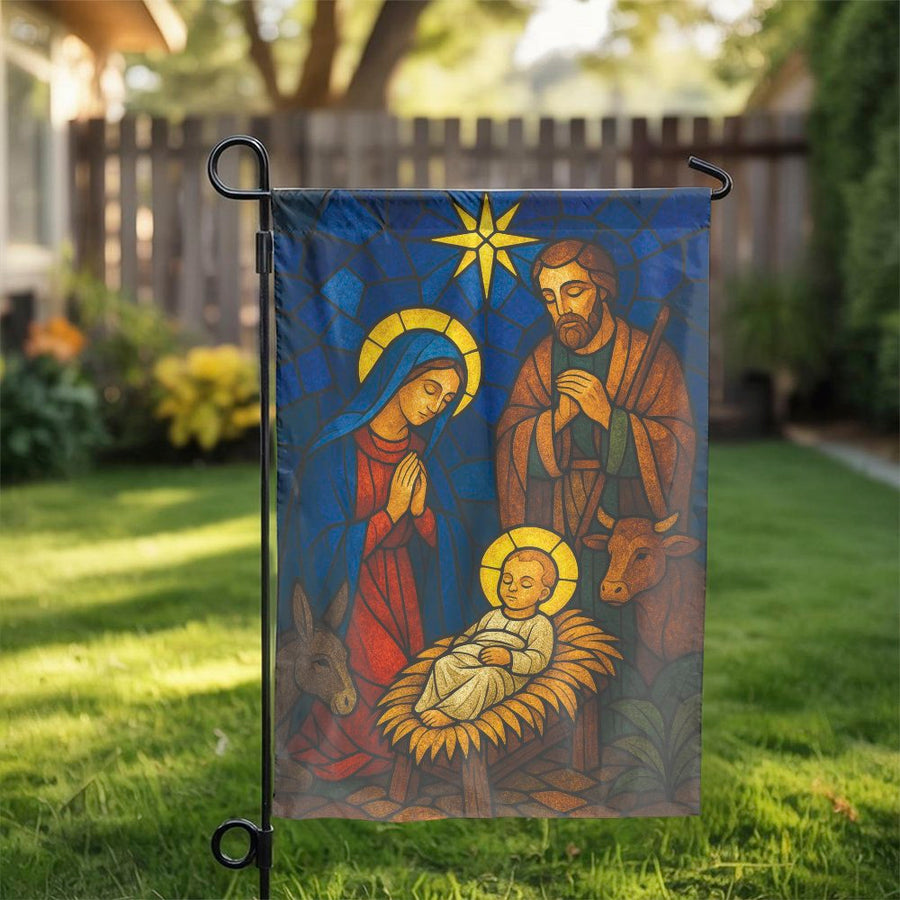 Stained Glass Nativity Garden Flag | Holy Family Christmas Outdoor Decor | Weather-Resistant Polyester | Religious Holiday Gift for Yard