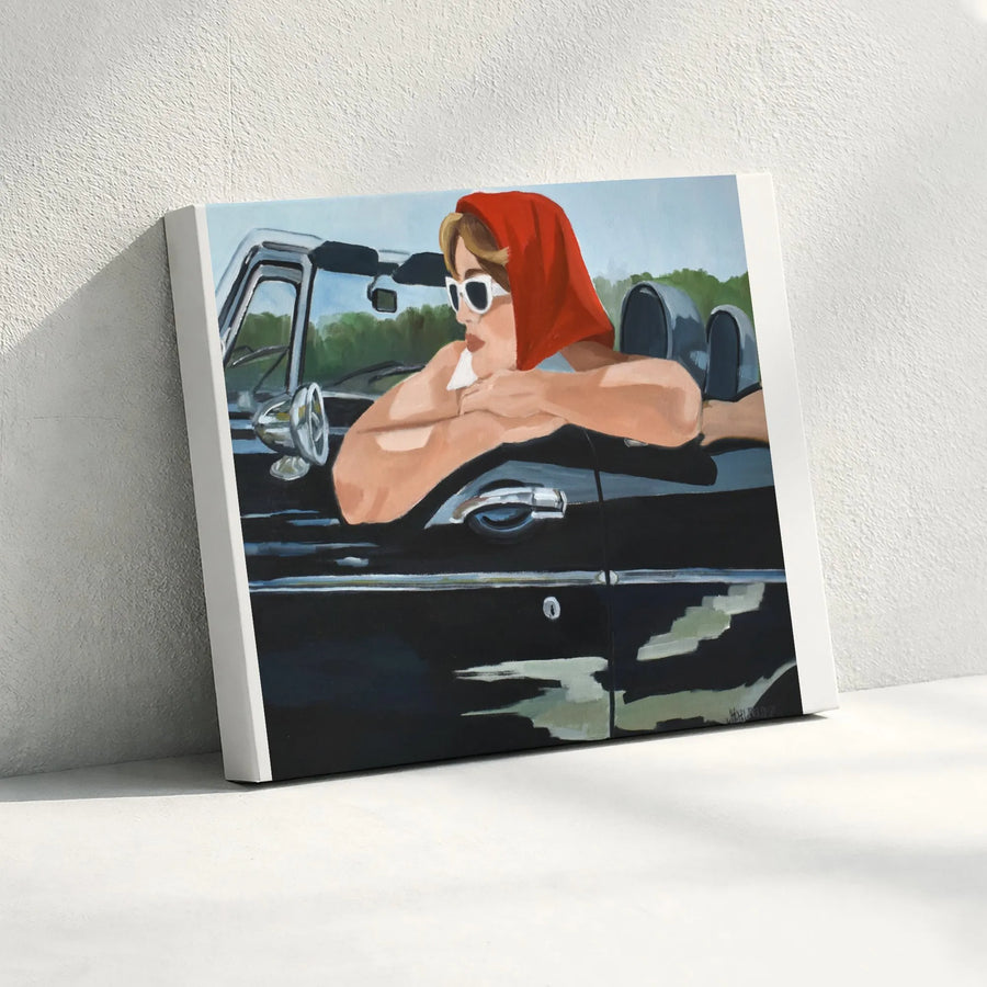 Vintage Car Canvas Wall Art | Woman in Red Headscarf & Convertible | Premium Gallery Print | Aesthetic Room Decor Gift for Her