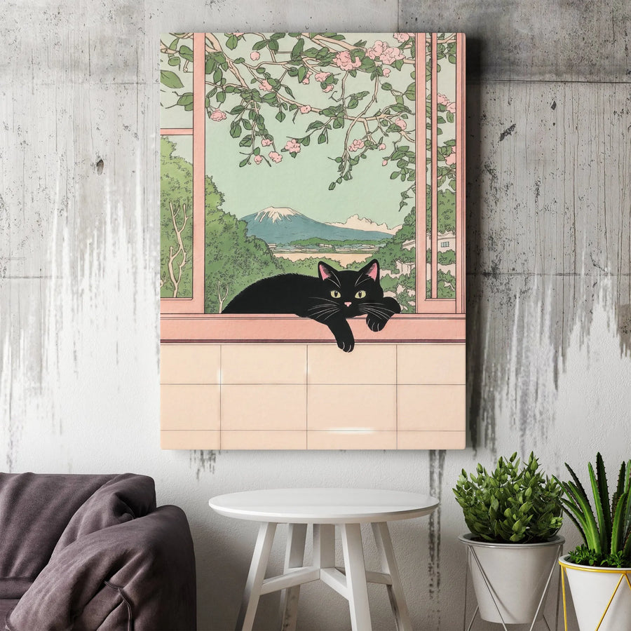 Black Cat Wall Art | Japanese Ukiyo-E Style Mount Fuji Landscape | Premium 1.25" Gallery Canvas | Aesthetic Home Decor Gift for Cat Lovers