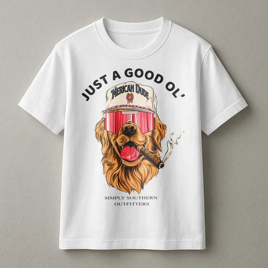 Golden Retriever Graphic T-Shirt | Funny Cigar Smoking Dog Retro Design | 100% Premium Cotton Soft Tee | Patriotic Gift for Dog Lovers