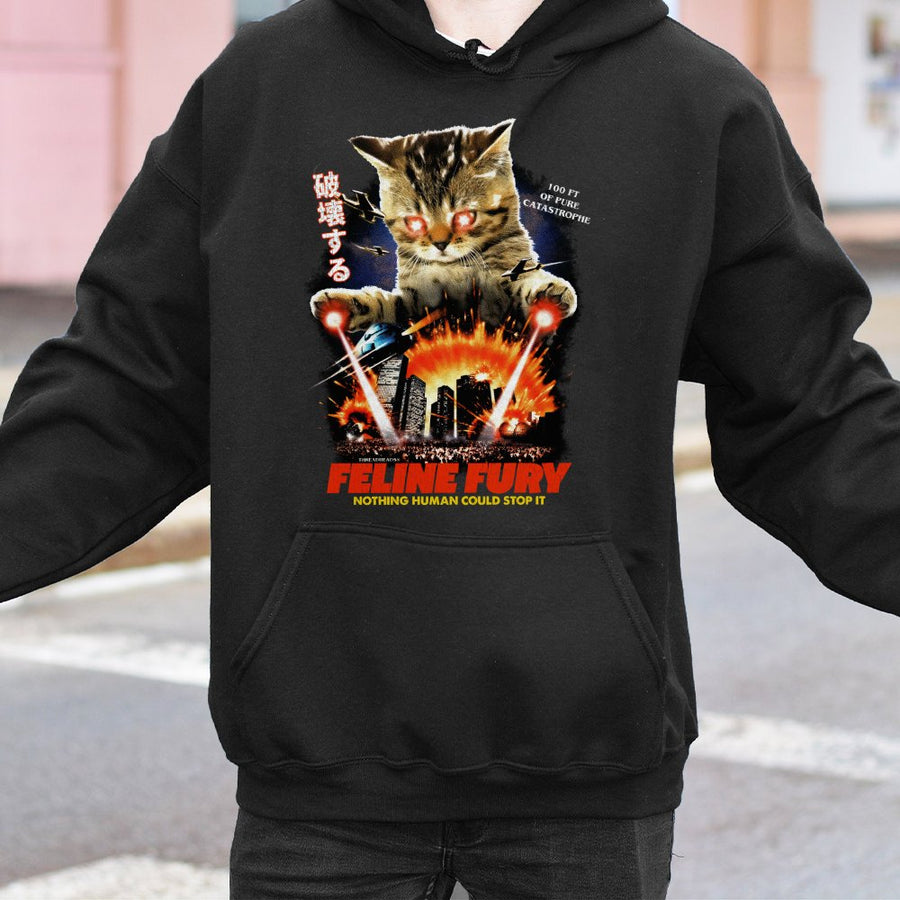 Feline Fury Graphic Hoodie | Kaiju Cat Vintage Movie Poster Design | Premium Cotton Blend | Funny Animal Gift for Cat Lovers