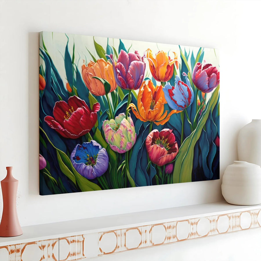 Colorful Tulip Canvas Wall Art | Vibrant Botanical Painting Print | Premium Gallery Wrapped Canvas | Living Room Wall Decor Gift