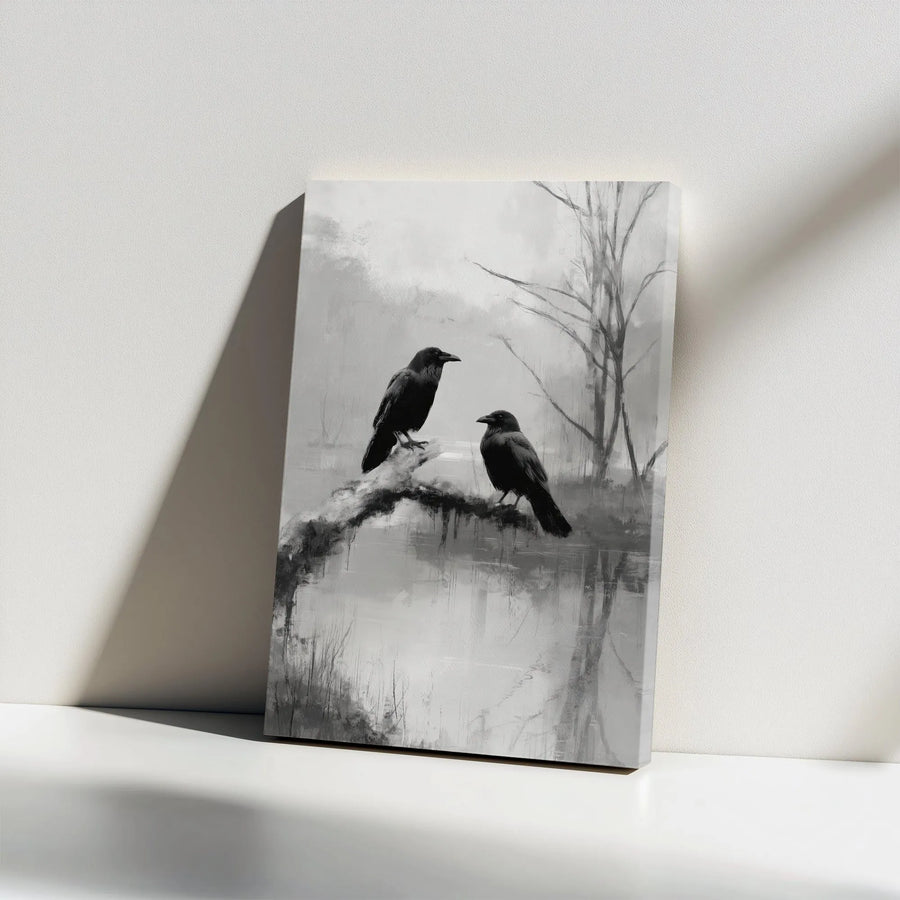Two Ravens Canvas Wall Art | Gothic Black and White Abstract Painting | Premium Frameless Gallery Canvas | Moody Living Room Wall Decor Gift