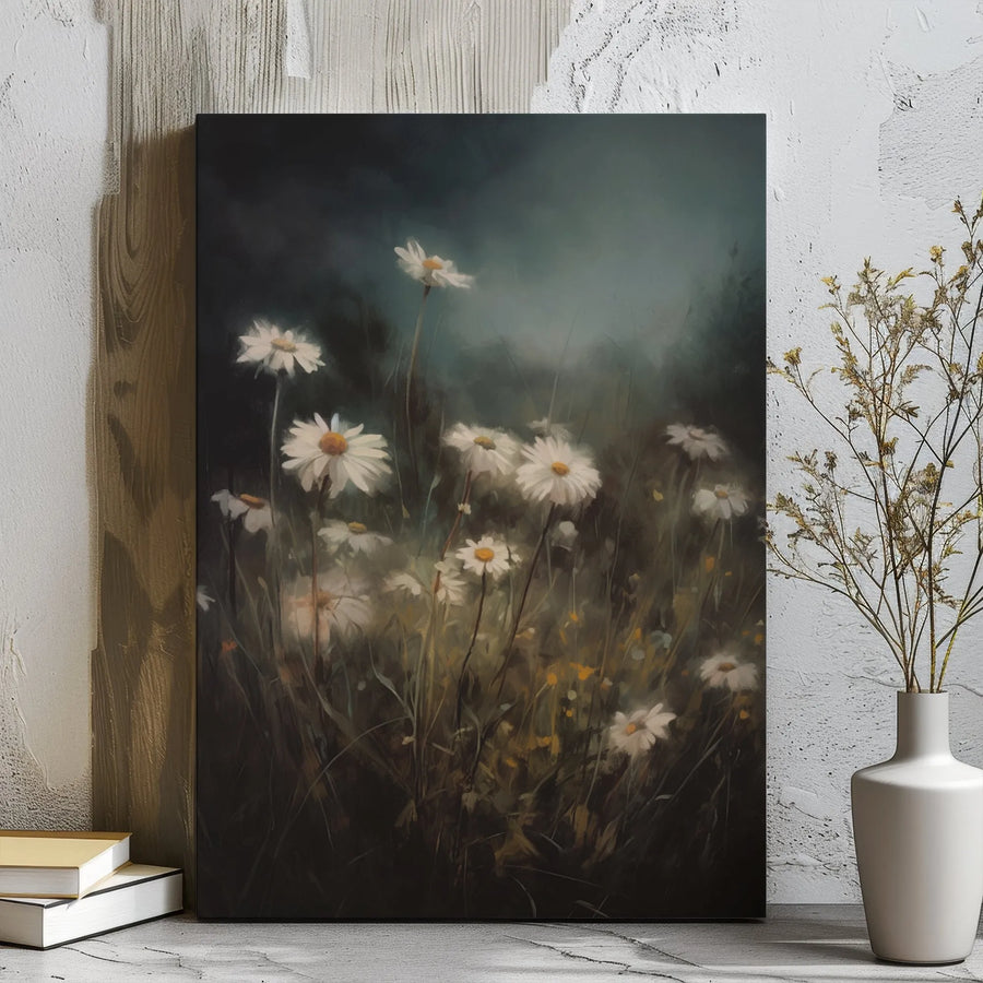 Moody Wildflower Daisy Canvas Print | Dark Floral Botanical Wall Art | Premium Gallery Wrapped Canvas | Elegant Home Decor Gift For Nature Lovers