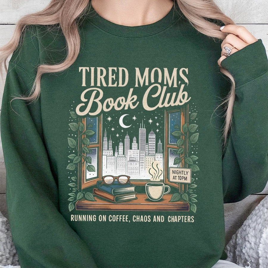 Tired Moms Book Club Sweatshirt | Coffee Chaos And Chapters Graphic | Premium Cotton Blend | Gift For Book Lovers And Readers