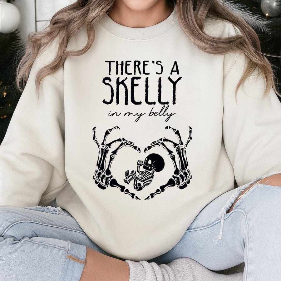 There's A Skelly In My Belly Sweatshirt | Funny Halloween Maternity Shirt | Soft Cotton-Blend Graphic Pullover | Spooky Gift For Pregnant Mom
