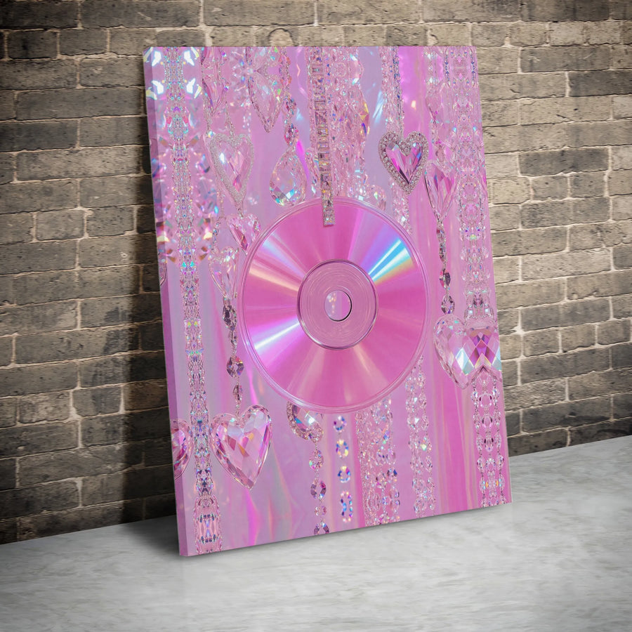 Pink CD Wall Art | Y2K Aesthetic Hanging Crystal Hearts | Premium Gallery-Wrap Canvas | Aesthetic Room Decor for Bedroom