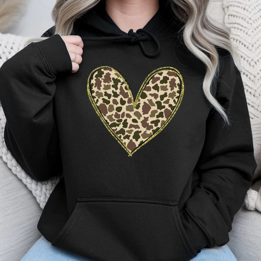 Camo Heart Hoodie | Gold Glitter Valentine Print | Premium Cotton Blend | Romantic Gift for Her or Country Wife
