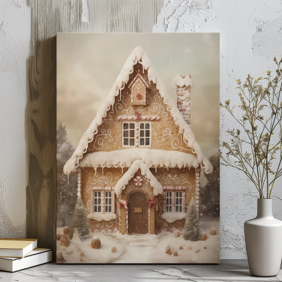 Gingerbread House Christmas Canvas Wall Art | Whimsical Snowy Winter Landscape | Premium Gallery Wrap Decor | Festive Holiday Gift for Home