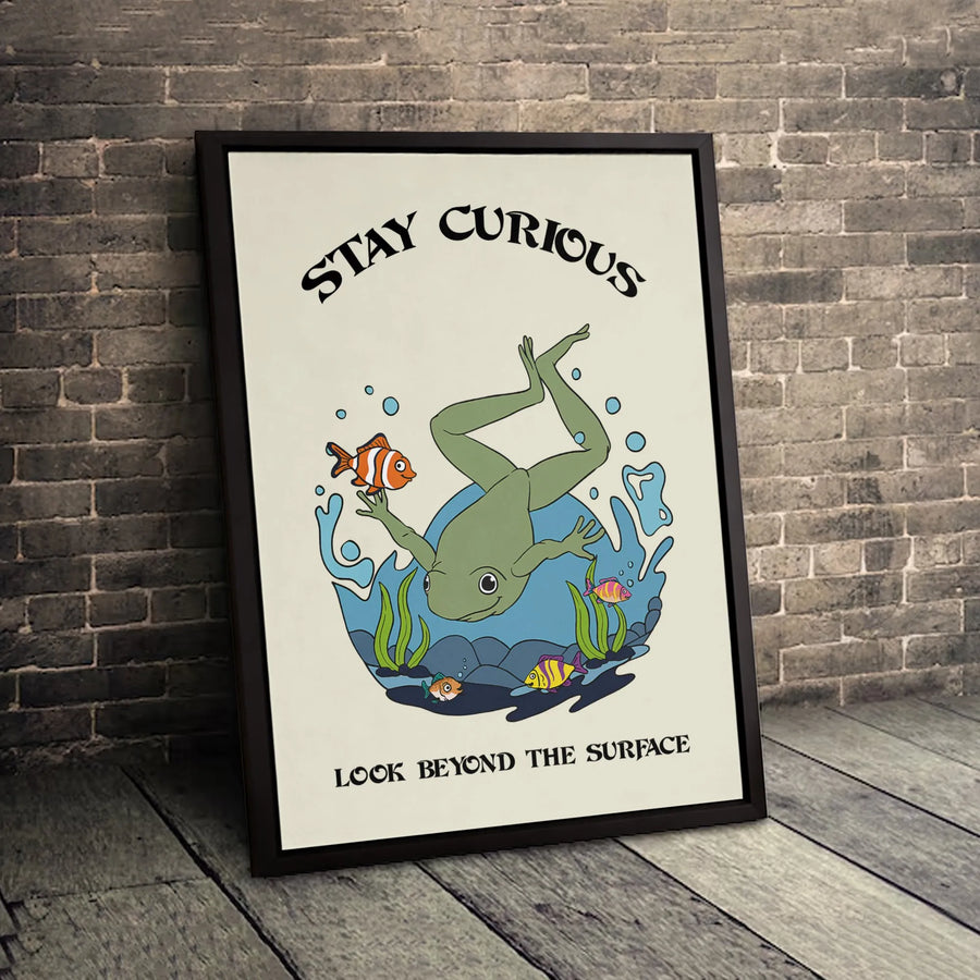 Stay Curious Frog Canvas Wall Art | Whimsical Undersea Illustration | Premium Gallery Wrapped 1.25" Profile | Motivational Decor For Kids Room Or Office
