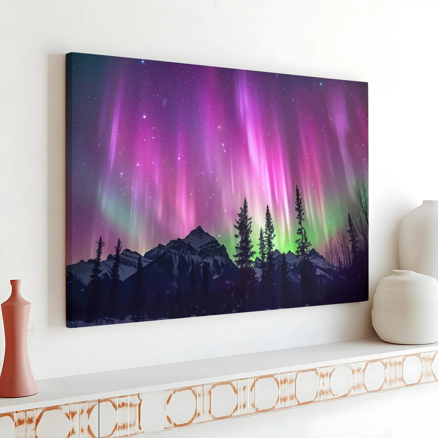 Aurora Borealis Canvas Wall Art | Northern Lights Mountain Forest Landscape | Gallery Wrapped Premium Decor | Nature Lover Gift for Home Office
