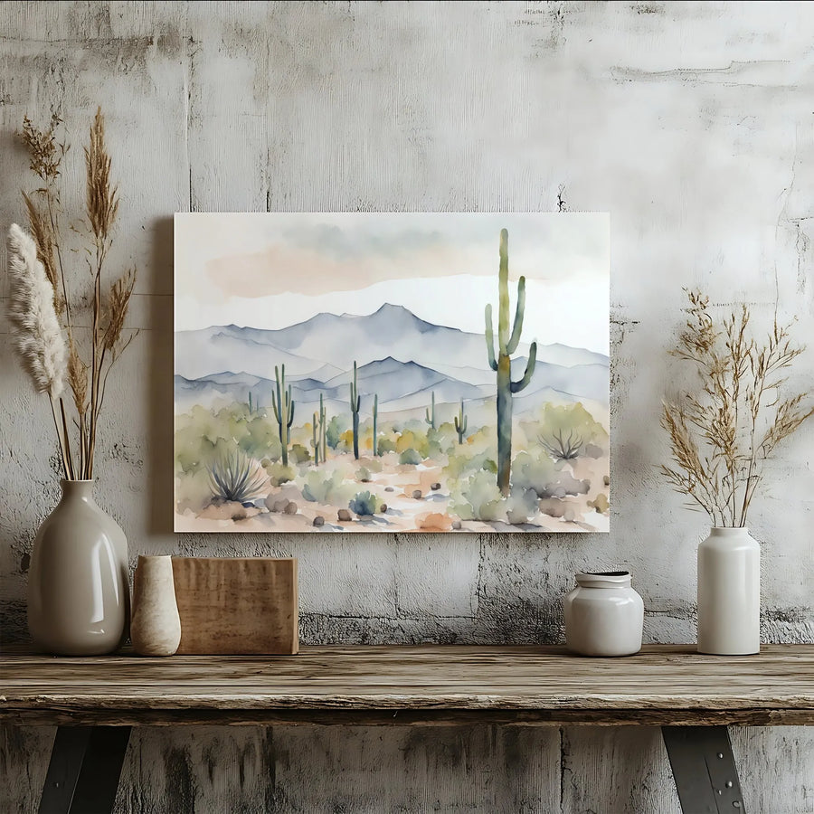 Watercolor Desert Landscape Canvas | Saguaro Cactus Mountains Print | Premium Gallery Wrap Wall Art | Southwestern Home Decor Gift