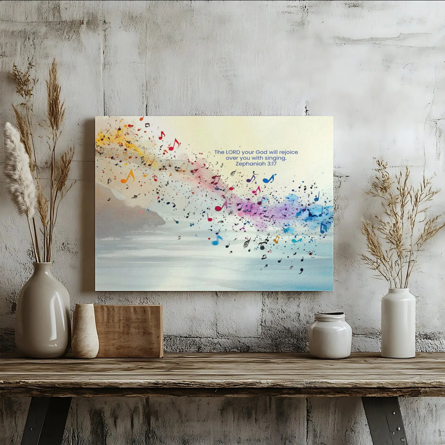 Zephaniah 3:17 Canvas Wall Art | Colorful Music Notes Scripture Decor | Premium Fade-Resistant Gallery Print | Christian Home Gift