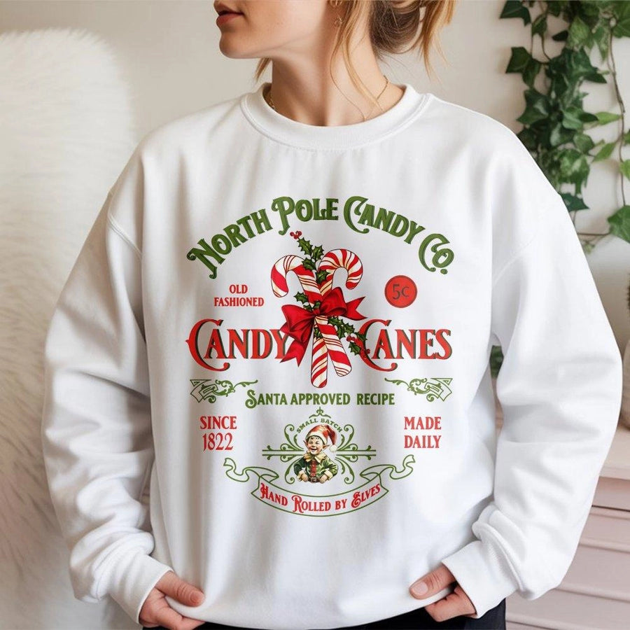 Christmas Candy Cane Sweatshirt | Retro North Pole Candy Co Graphic | Premium Cotton Blend Unisex Crewneck | Festive Holiday Gift for Adults