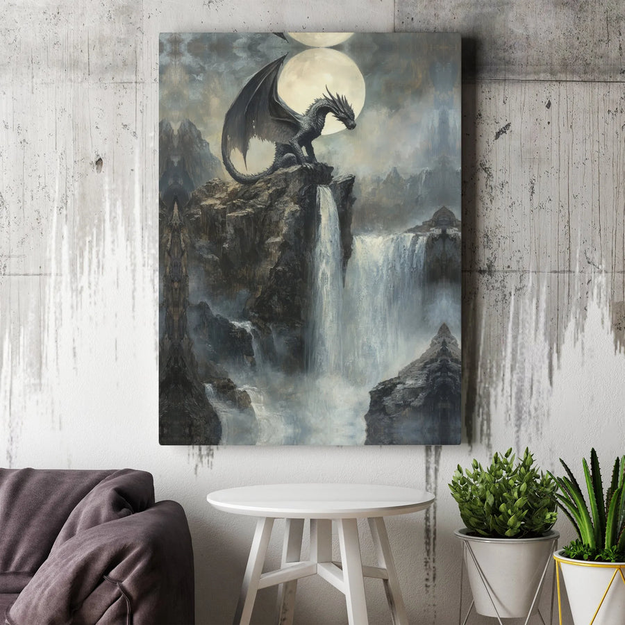 Dragon Canvas Wall Art | Fantasy Landscape Waterfall Print | 1.25 Inch Premium Gallery Wrap | Mythical Creature Decor Gift for Fans