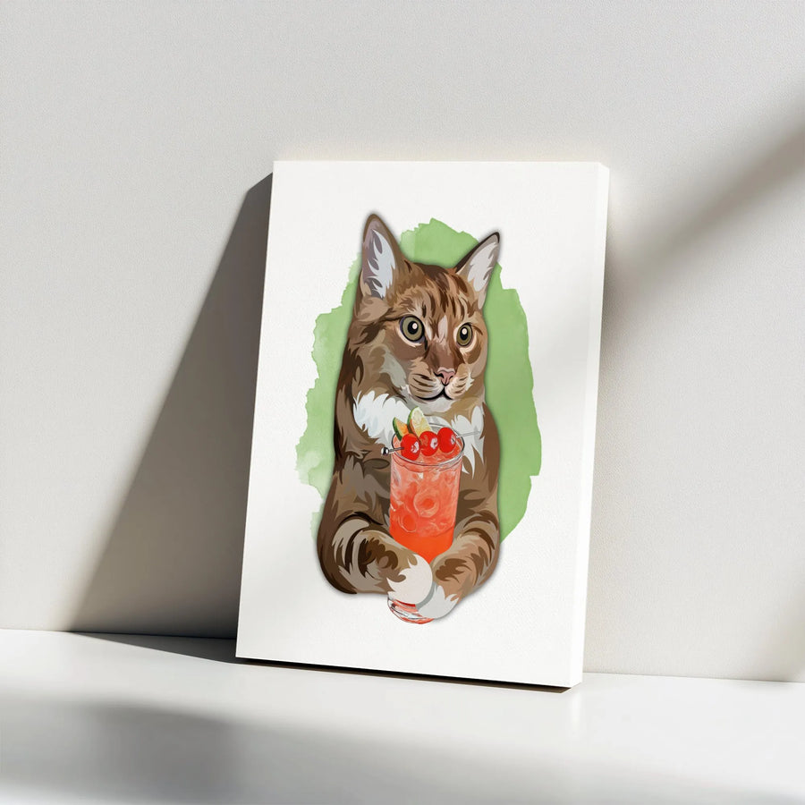 Brown Tabby Cat Wall Art | Whimsical Cocktail Drink Illustration | Premium 1.25" Gallery Wrap Canvas | Unique Home Office Decor Gift