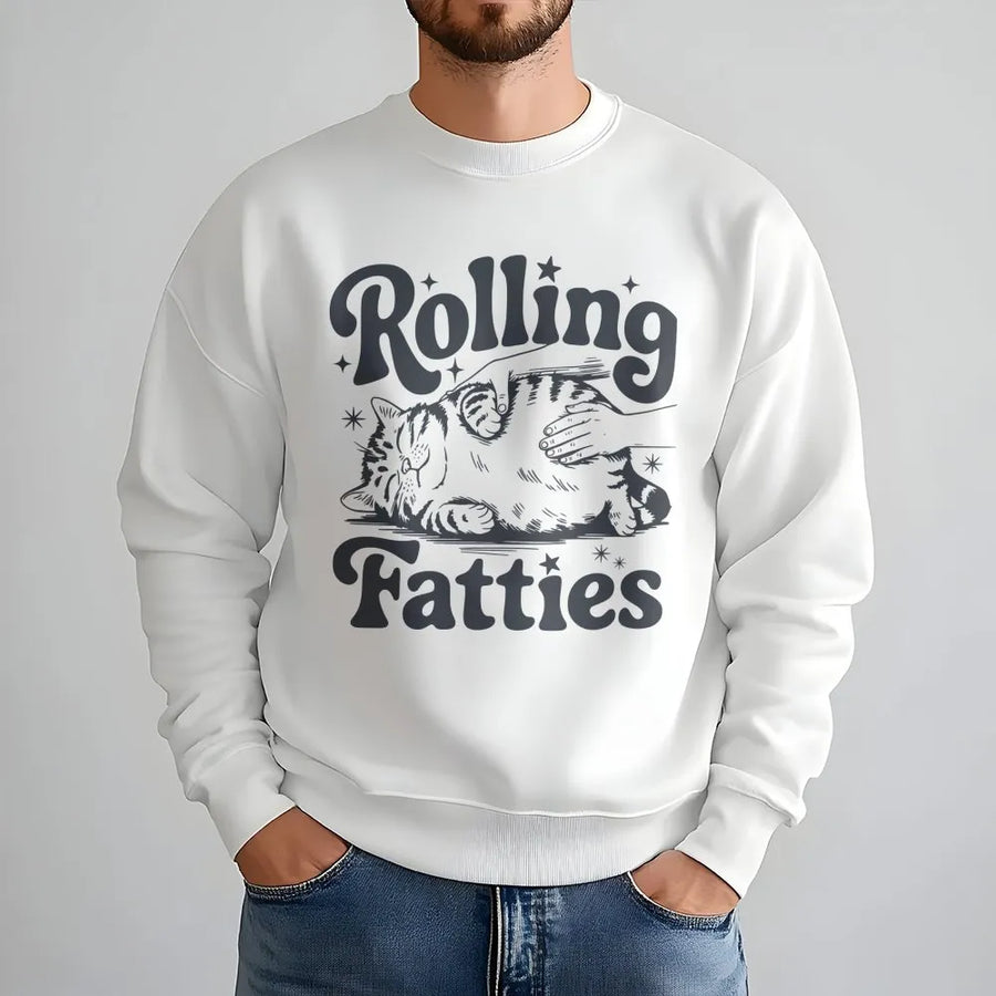Rolling Fatties Cat Sweatshirt | Retro Funny Chubby Kitty Graphic | Premium Unisex Fleece Pullover | Cute Pet Lover Gift Idea