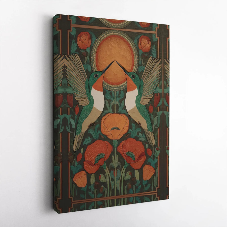 Art Nouveau Hummingbird Canvas Wall Art | Symmetrical Floral Poppy Design | Premium Fade-Resistant Gallery Wrap | Elegant Home Decor Gift