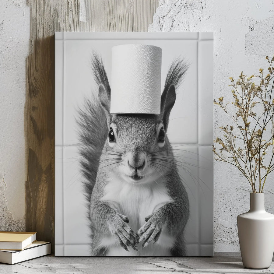 Funny Squirrel Bathroom Wall Art | Quirky Toilet Paper Head Portrait | Premium Gallery Wrapped Canvas | Humorous Home Decor Gift for Animal Lovers