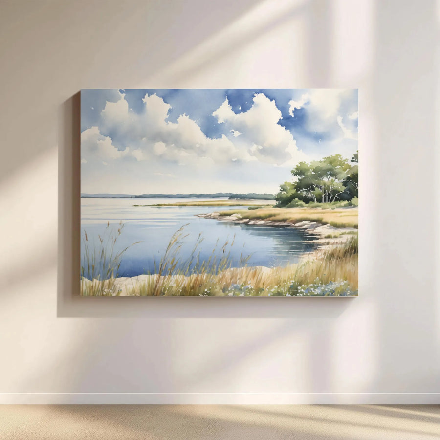Coastal Landscape Canvas Print | Serene Watercolor Bay Painting | Premium Thick Profile Wall Art | Beach House Decor Gift