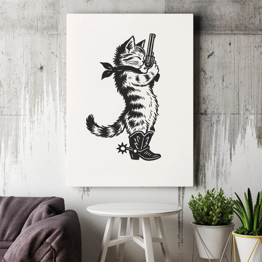 Cowboy Cat Wall Art | Western Kitten with Revolver and Boots | Gallery Wrap Canvas Print | Quirky Home Decor Gift