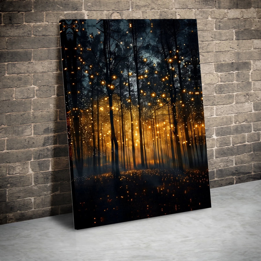 Enchanted Forest Canvas Wall Art | Magical Glowing Firefly Lights | Premium Fade-Resistant Gallery Print | Whimsical Nature Home Decor