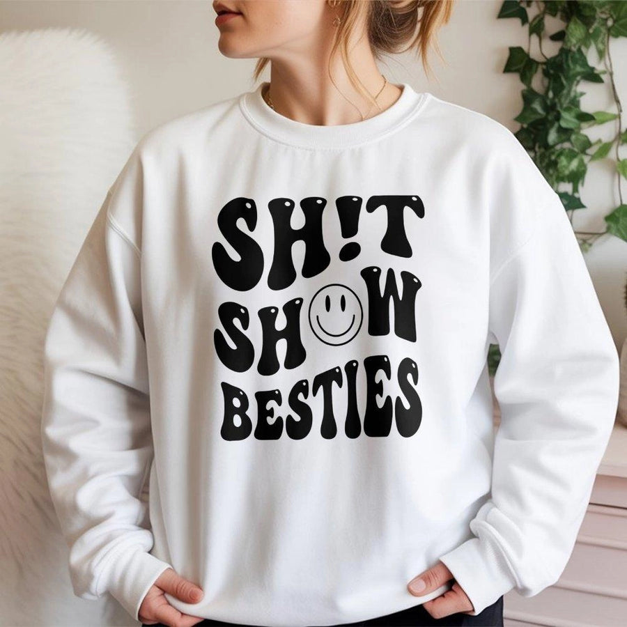 Shit Show Besties Sweatshirt | Retro Smiley Face Graphic | Premium Cotton Blend | Funny Matching Best Friend Gift for Her