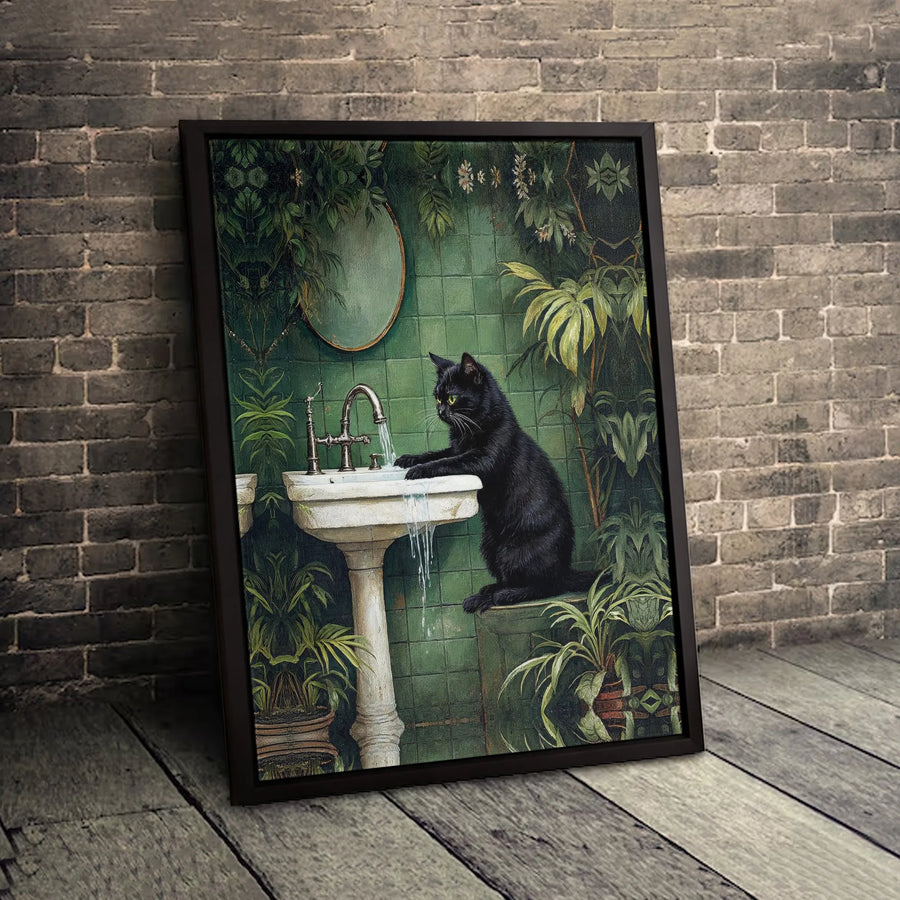 Black Cat Bathroom Wall Art | Whimsical Pet Washing Paws Decor | Gallery Quality Canvas Print | Unique Cat Lover Gift Idea