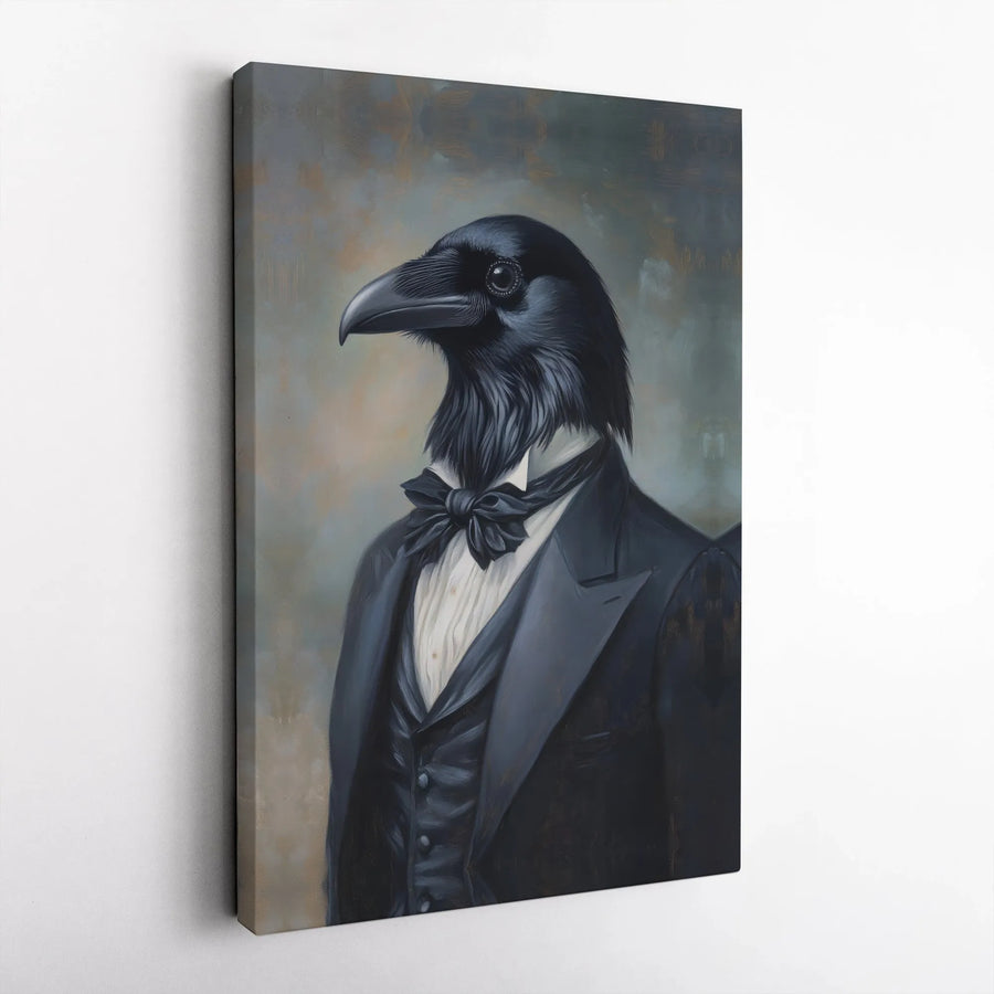 Anthropomorphic Crow Canvas Art | Dapper Raven in Tuxedo Portrait | Gallery Wrapped Premium Print | Unique Gothic Home Decor Gift