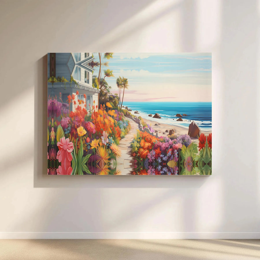 Coastal Beach Path Horizontal Canvas | Vibrant Wildflower Garden Art | Premium 1.25" Stretched Canvas Print | Colorful Ocean Landscape Housewarming Gift
