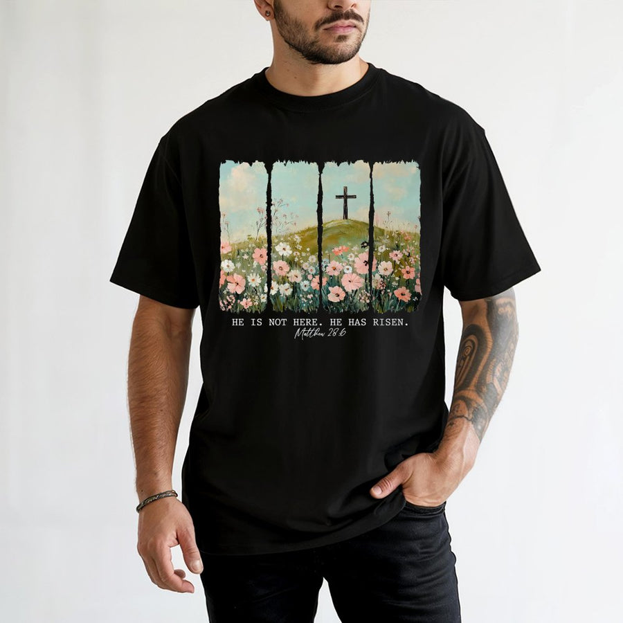 He Is Risen T-Shirt | Christian Easter Wildflower Cross Design | 100% Cotton Premium Tee | Faith-Based Religious Gift for Women
