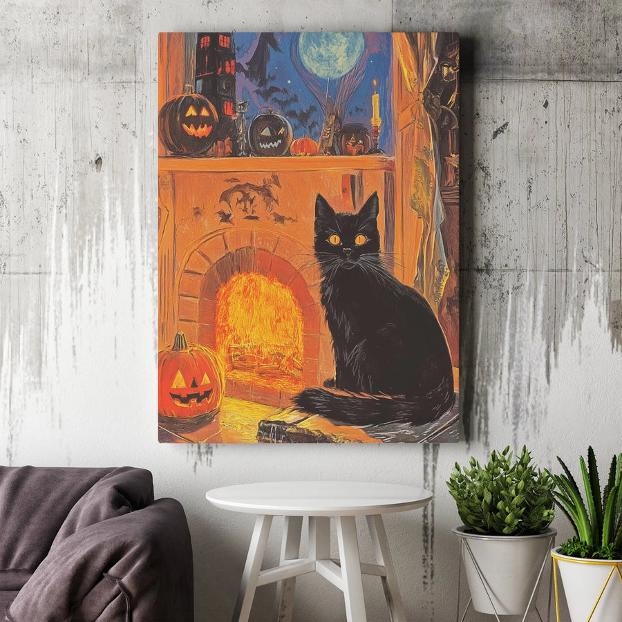 Spooky Black Cat Canvas Wall Art | Vintage Halloween Fireplace Scene | Premium Gallery Wrapped Canvas | Halloween Home Decor Gift