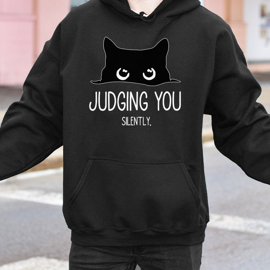 Judging You Silently Hoodie | Peeking Black Cat Graphic Design | Premium Cotton-Polyester Blend | Funny Animal Gift for Cat Lovers