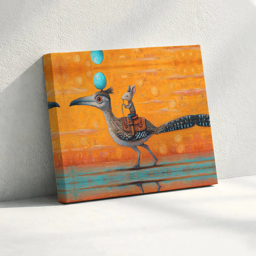Whimsical Mouse Riding Roadrunner Horizontal Canvas | Surreal Desert Sunset Painting, Textured Art Style | Premium 1.25 Inch Gallery Wrap | Unique Gift for Fantasy Art Lovers
