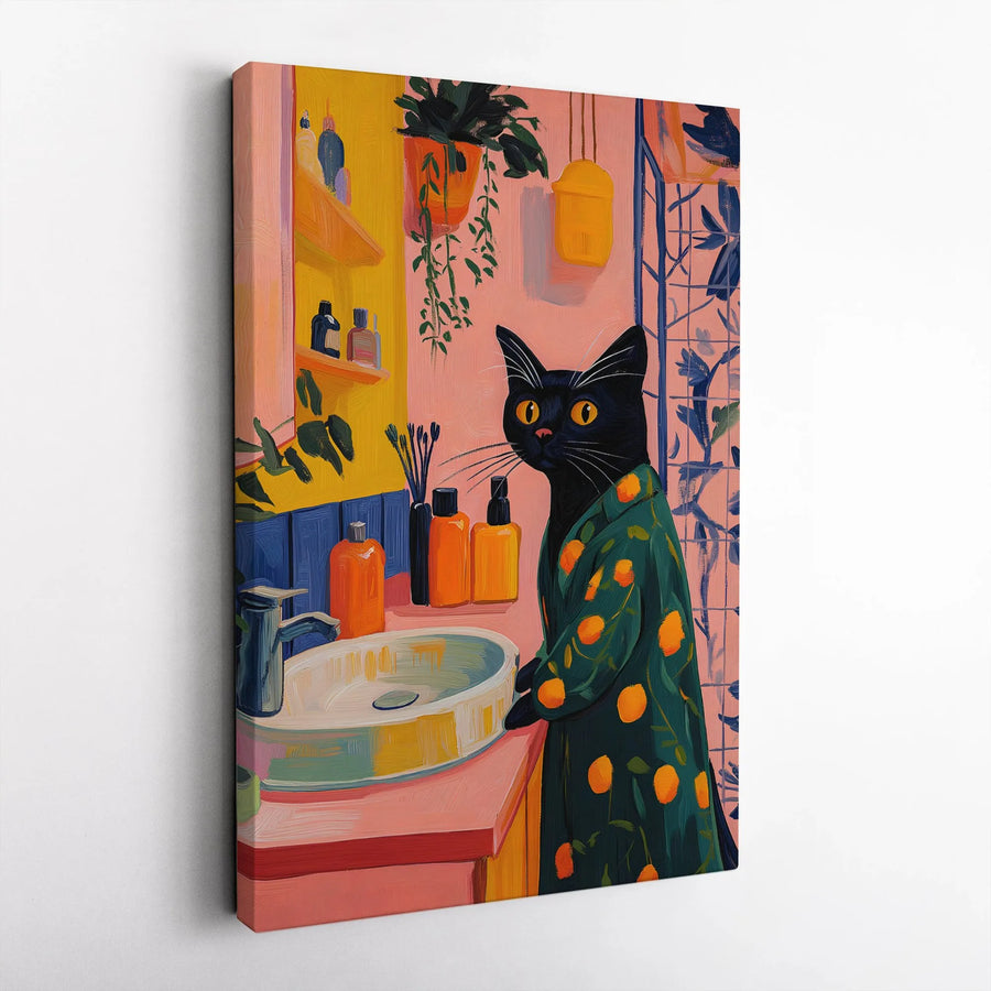 Black Cat Bathroom Wall Art | Quirky Orange Robe Illustration | Gallery-Quality 1.25" Thick Canvas Print | Whimsical Home Decor Gift for Cat Lovers