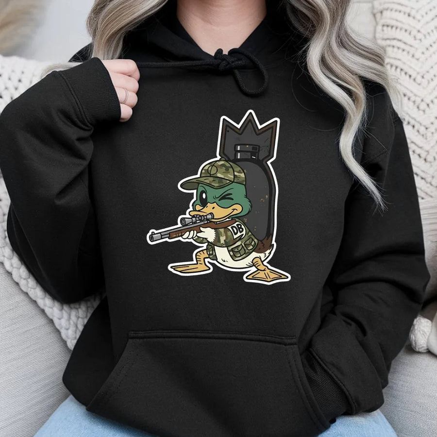 Duck Hunting Hoodie | Camo Sniper Duck Cartoon Graphic | Premium Cotton Blend | Gift for Waterfowl Hunters and Outdoor Enthusiasts