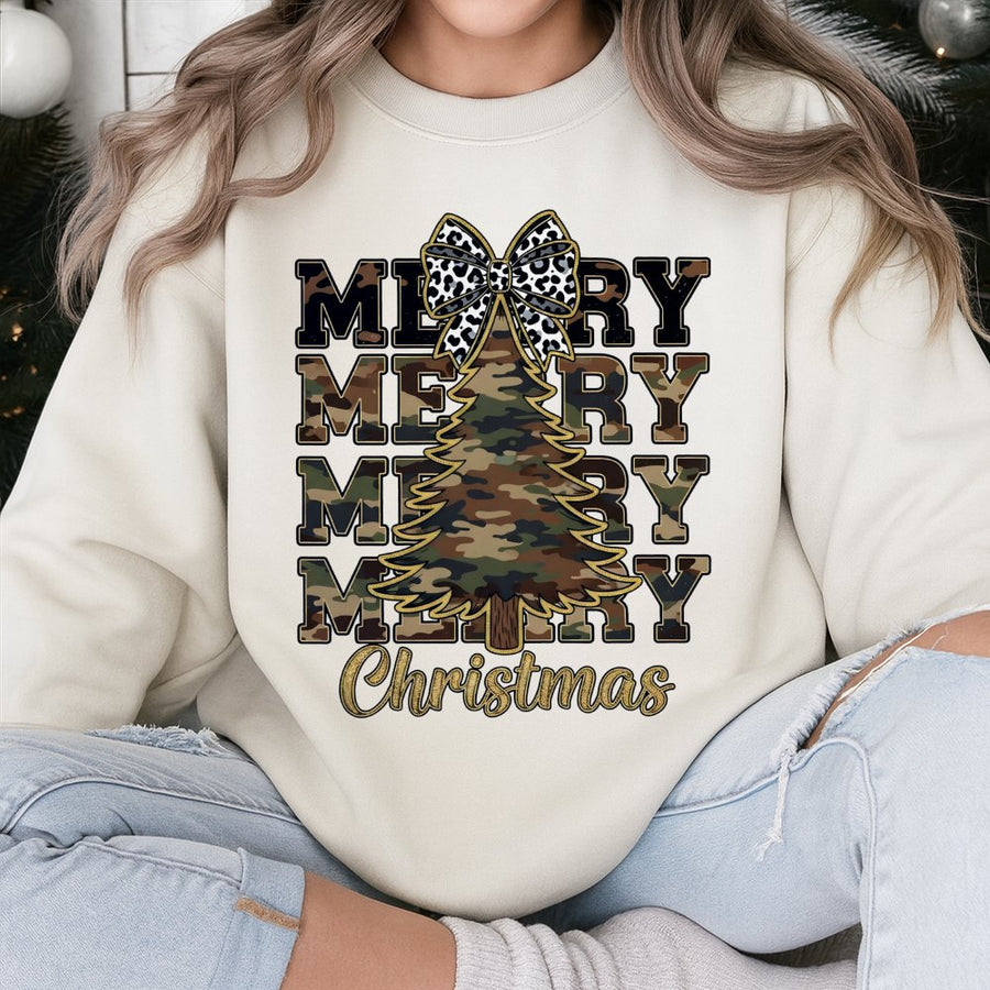 Camo Christmas Tree Sweatshirt | Leopard Bow Holiday Graphic | Soft Cotton Blend | Rustic Country Gift For Her