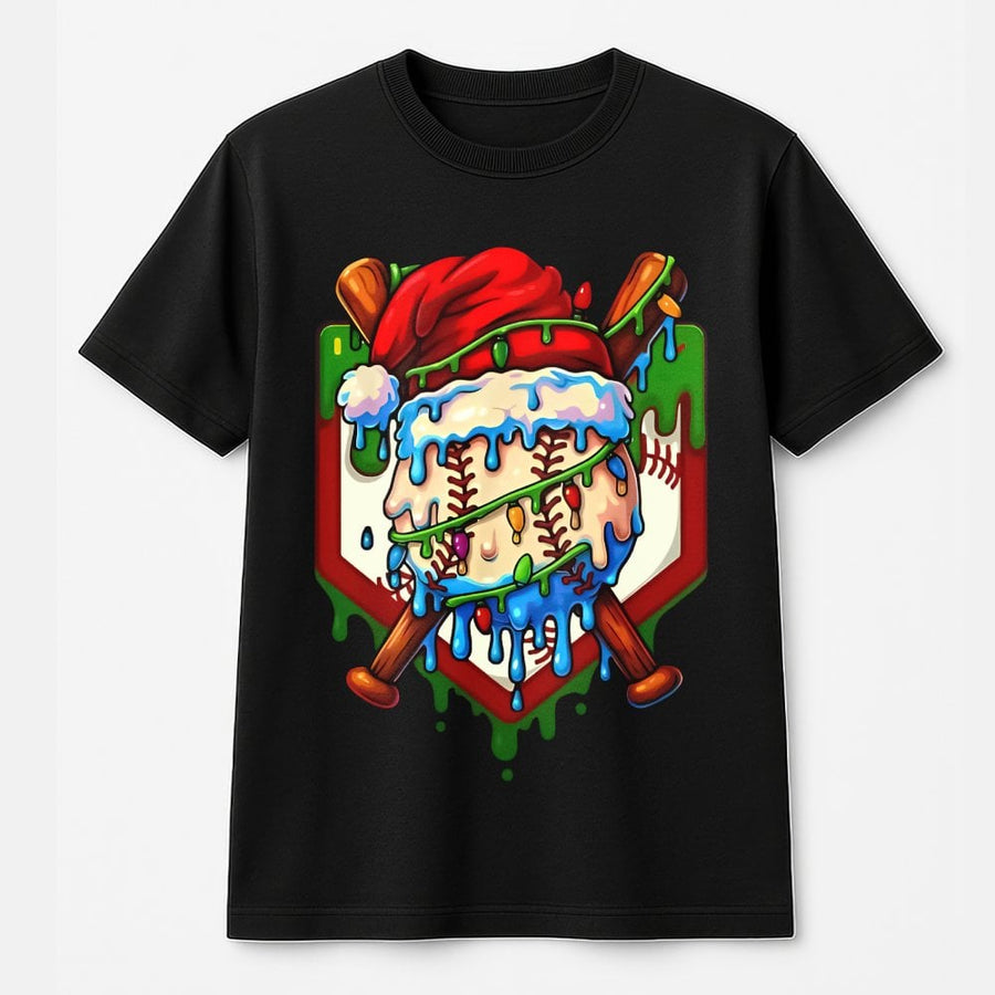 Christmas Baseball T-Shirt | Santa Hat Drip Design with Bats | 100% Premium Cotton | Holiday Sports Gift for Men and Women
